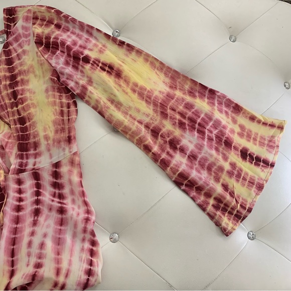 NWT Nasty Gal Tie Dye Open Tie Back Flared Sleeve Mini Dress Magenta Yellow 2 - Picture 8 of 10